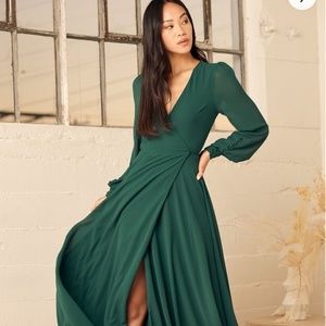 Lulus - My Whole Heart Emerald Green Long Sleeve Wrap Dress in Glam Green